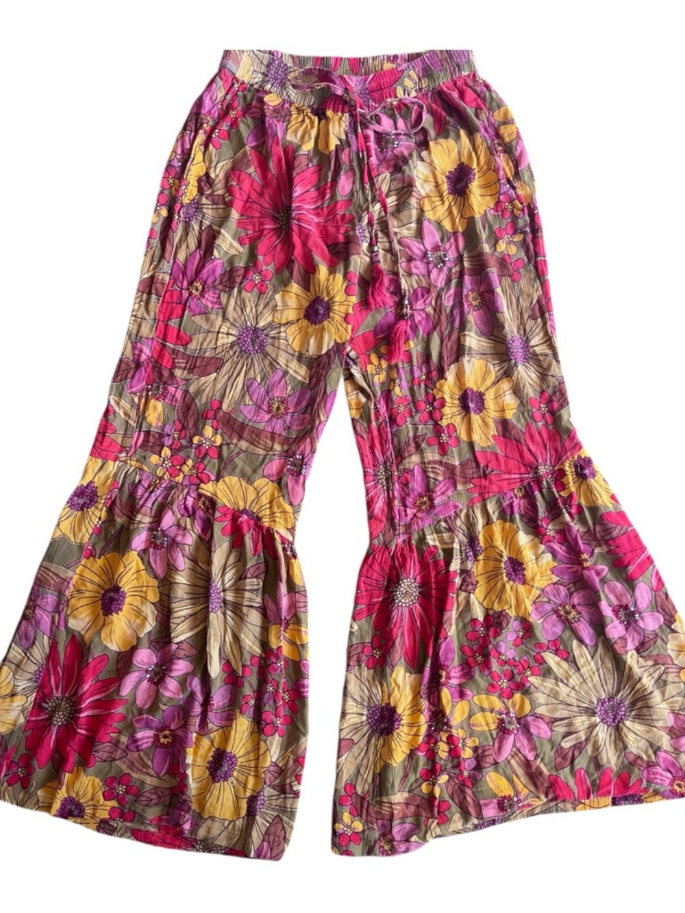Angie Floral Wide-Leg Pants in Pink, Yellow & Purple